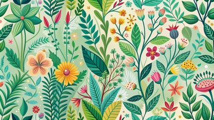 Vibrant vector illustration of lush greenery, featuring diverse plants, flowers, and vines intertwined in a whimsical, organic pattern against a soft, pastel background.