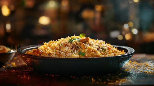 high quality photography of Indian biriyani on restaurant background. Indian food concept.
