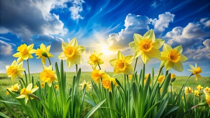Fototapeta premium Vibrant yellow daffodils sway gently in the warm breeze, surrounded by lush green grass and soft, white clouds in a serene springtime landscape.