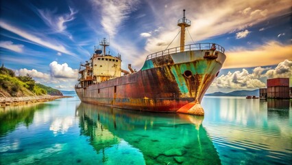 Obraz premium Vintage cargo ship moored at a serene harbor, its rusted hull and vibrant cargo containers bespattered with colorful paint, surrounded by calm turquoise waters.