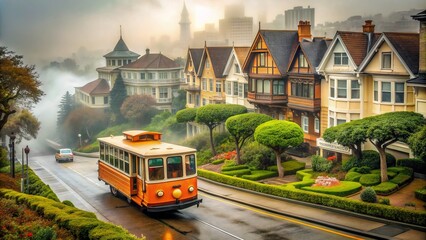 Vintage orange Muni bus navigates steep hill on foggy morning in San Francisco, passing iconic Victorian homes and lush greenery-lined sidewalks.