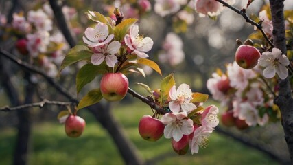 Obraz premium Tranquil setting showing a blooming garden with apple and crabapple trees and pink flowers on them