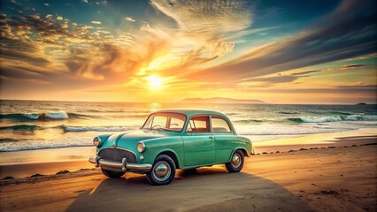Obraz premium Vintage turquoise hatchback parked alongside a serene coastline, warm sunlight casting a golden glow on the sandy beach and ocean waves.