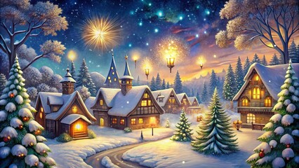 Whimsical festive illustration of snowy village scene with sparkling trees, snowflakes, and ornate decorations, evoking a magical and cozy Christmas atmosphere.