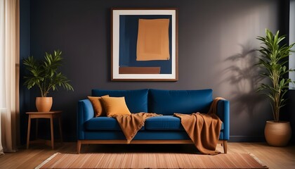 Interior mockup In a white room a blue sofa is placed next to a photo frame on the wall