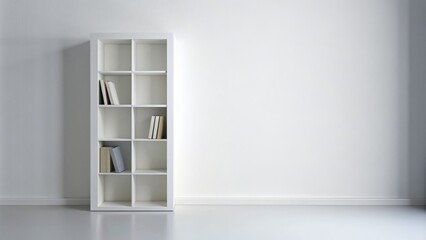 Fototapeta premium White, empty, and minimalist bookshelf with clean lines and a simple design, isolated on a pure white background, waiting to be filled with stories.