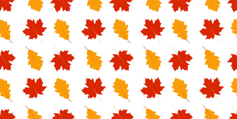 Obraz premium Fall Background. Seamless pattern with maple and oak leaves. Autumn leaves on white background. For fabric, packaging, paper, cover design. Vector graphics 