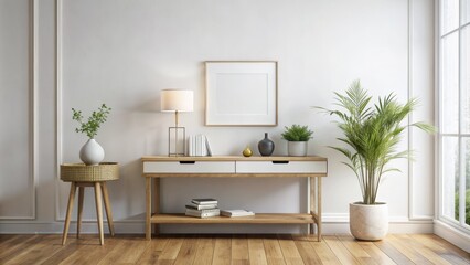 White minimalist interior wall mockup with rustic wooden floor, empty framed art, and a few decorative items on a modern console table.