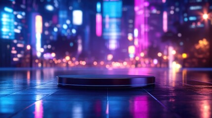 Fototapeta premium Dark City Night with Circular Podium and Skyscraper Lights