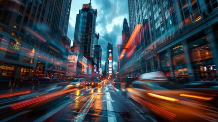 Obraz premium Manhattan streets bustle with activity as cars speed by under a twilight sky surrounded by towering buildings