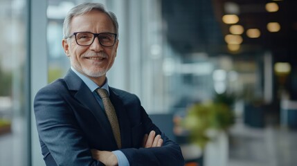 Obraz premium portrait of successful senior businessman consultant looking at camera and smiling inside modern office building