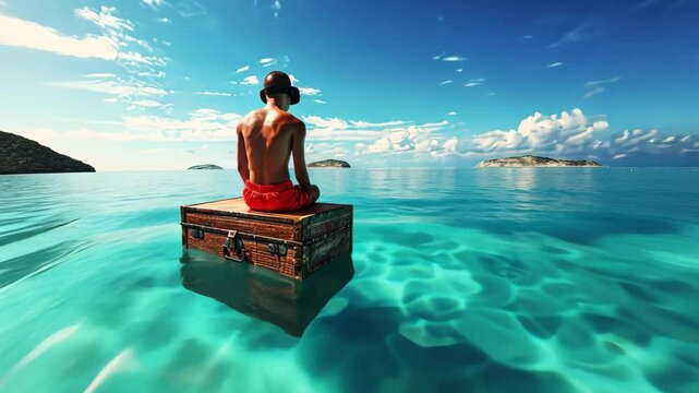 A young man wearing VR glasses sits on the edge of an old wooden suitcase floating in clear blue water.