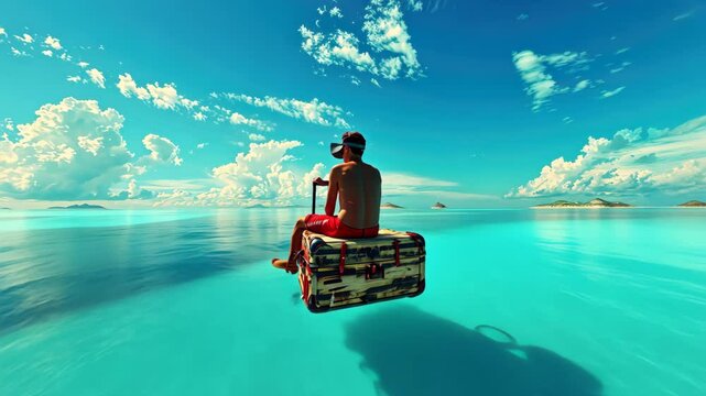 A young man wearing VR glasses sits on the edge of an old wooden suitcase floating in clear blue water.