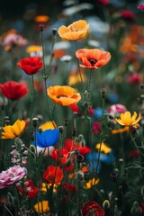Obraz premium A lush garden bursts with a variety of colorful wildflowers, showcasing bright poppies and other blossoms