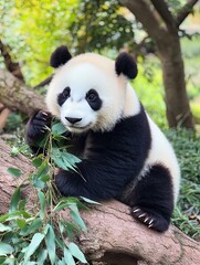 Obraz premium Playful Panda Eating Bamboo in a Natural Setting