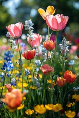 Fototapeta premium A lush garden filled with blooming wildflowers like tulips and daisies, creating a colorful display in springtime