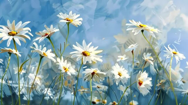 A field of white daisies in a watercolor style.