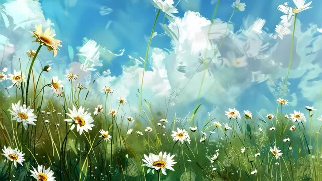 A field of white daisies in a watercolor style.