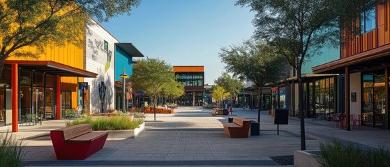 Obraz premium Modern Urban Plaza with Colorful Buildings and Benches