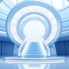Fototapeta premium Picture inside the hall Bright blue room, round door, clean white lab background.