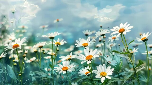A field of white daisies in a watercolor style.