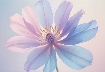 Abstract image of a flower in soft pastel colors, flowing, translucent petals with a blend of light pink, blue, and lavender hues, white background, centered composition
