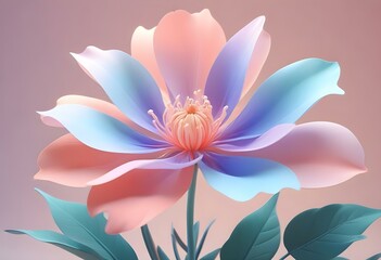 Abstract image of a flower in soft pastel colors, flowing, translucent petals with a blend of light pink, blue, and lavender hues, white background, centered composition