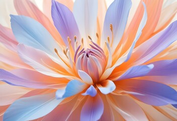 Fototapeta premium Abstract image of a flower in soft pastel colors, flowing, translucent petals with a blend of light pink, blue, and lavender hues, white background, centered composition