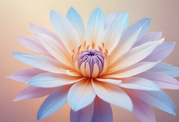 Fototapeta premium Abstract image of a flower in soft pastel colors, flowing, translucent petals with a blend of light pink, blue, and lavender hues, white background, centered composition