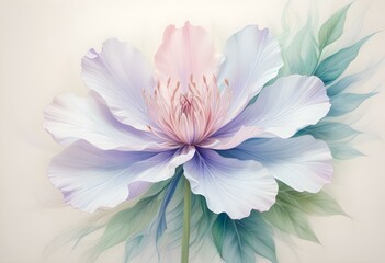 Fototapeta premium Abstract image of a flower in soft pastel colors, flowing, translucent petals with a blend of light pink, blue, and lavender hues, white background, centered composition