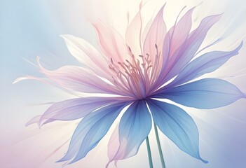 Obraz premium Abstract image of a flower in soft pastel colors, flowing, translucent petals with a blend of light pink, blue, and lavender hues, white background, centered composition