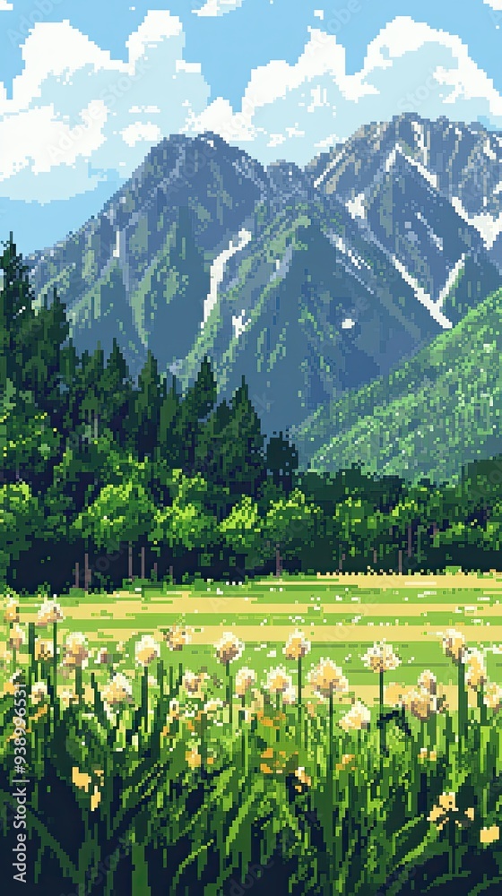 Wall mural Mountain Landscape with Green Fields and Blue Skies