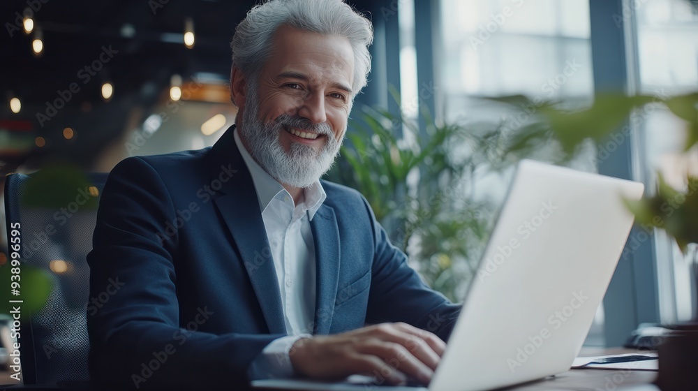 Wall mural smiling mature adult business man executive sitting at desk using laptop. happy busy professional mi