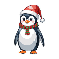 Adorable Penguin in Santa Hat and Green-Red Striped Scarf