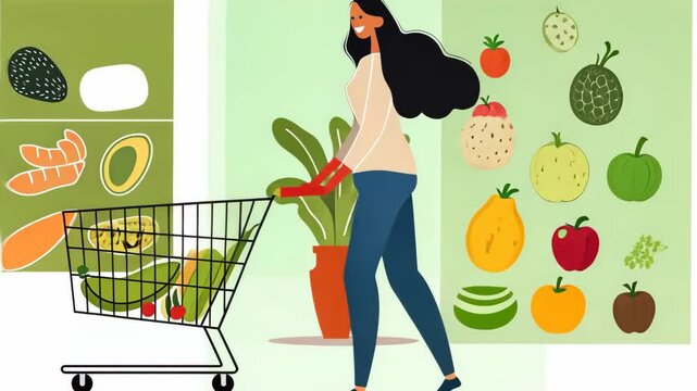 A flat vector illustration of an adult vegan woman with her shopping cart walking in the supermarket.