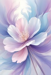 Obraz premium Abstract image of a flower in soft pastel colors, flowing, translucent petals with a blend of light pink, blue, and lavender hues, white background, centered composition