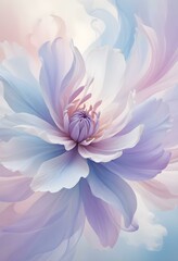 Abstract image of a flower in soft pastel colors, flowing, translucent petals with a blend of light pink, blue, and lavender hues, white background, centered composition
