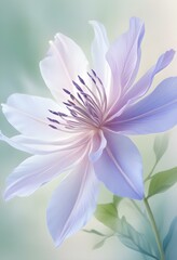 Fototapeta premium Abstract image of a flower in soft pastel colors, flowing, translucent petals with a blend of light pink, blue, and lavender hues, white background, centered composition