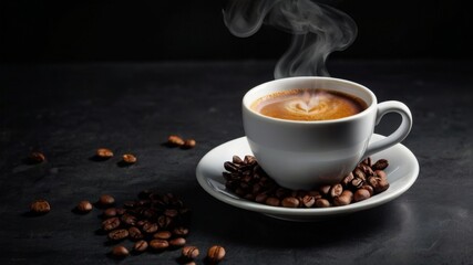 A cup of steaming aromatic hot coffee with coffee beans on the table on a black background