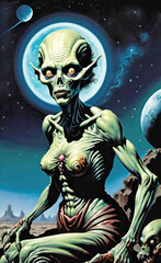 Vintage horror sci-fi art illustration of a zombie alien woman sitting by a skull on a planet in outer space