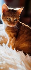 Portrait of a Ginger Cat: The image features a ginger cat with expressive green eyes sitting on a soft white blanket. Soft lighting highlights the texture of its fur, creating a cozy atmosphere. The c