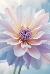 Obraz premium Abstract image of a flower in soft pastel colors, flowing, translucent petals with a blend of light pink, blue, and lavender hues, white background, centered composition