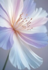 Abstract image of a flower in soft pastel colors, flowing, translucent petals with a blend of light pink, blue, and lavender hues, white background, centered composition