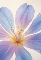 Abstract image of a flower in soft pastel colors, flowing, translucent petals with a blend of light pink, blue, and lavender hues, white background, centered composition