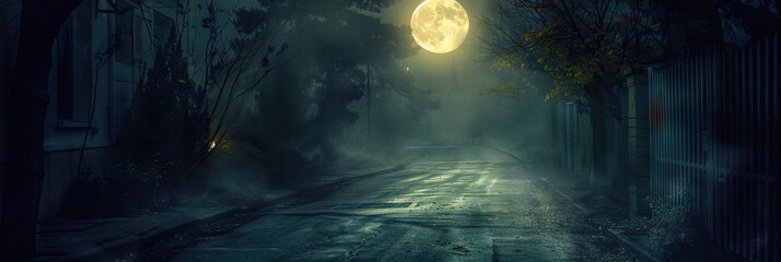 Mystical Mood: A deserted street at night, illuminated only by the full moon, creating an eerie and mysterious atmosphere.