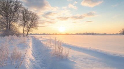Snowy Path Leading to Sunset