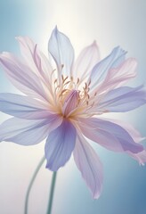 Fototapeta premium Abstract image of a flower in soft pastel colors, flowing, translucent petals with a blend of light pink, blue, and lavender hues, white background, centered composition