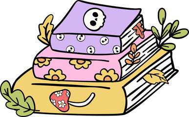 Trendy Groovy Autumn stacked Books Doodle Drawing  Retro Pastel Design