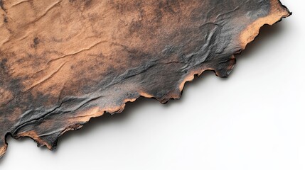 Fototapeta premium A closeup view reveals a burnt piece of paper with distinct charred edges. The stark contrast against the clean white background highlights the damage from fire