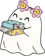 Bookish Ghost Reading Pastel Halloween Trendy Retro Groovy Cartoon Doodle